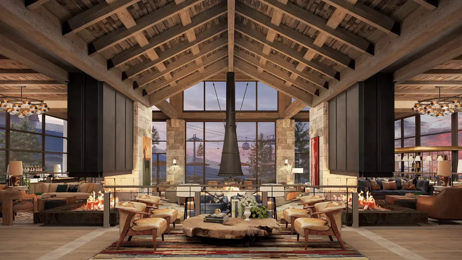 Stockman Lobby Living Room area, filled with wood furniture, cozy sofas, fireplace, and high wood ceiling with a scenic window in the background.