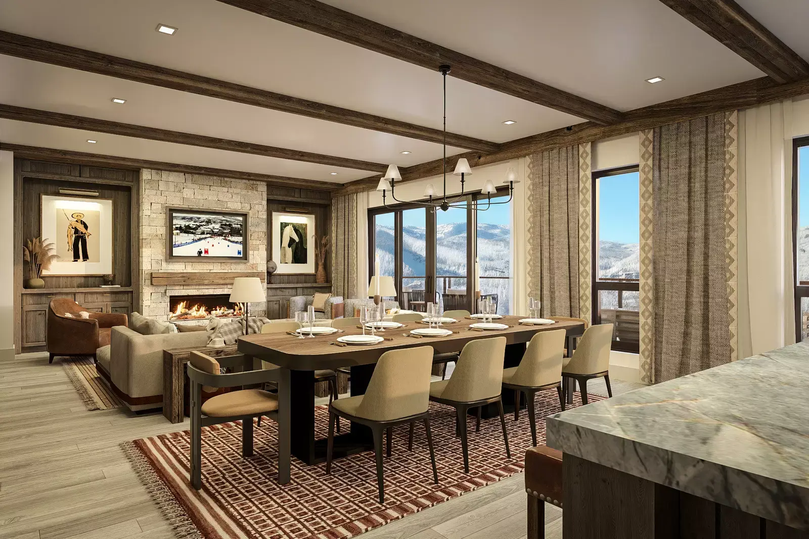 Interior view of a Stockman Residence featuring a warm dining room with a 9-seat table and the living room in the background.