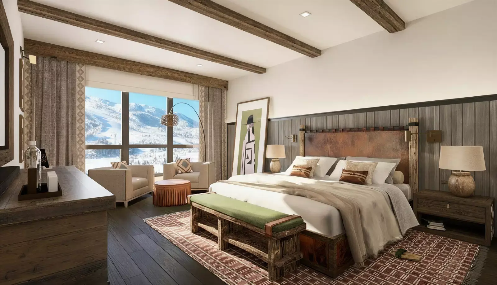 Stockman Interior Bedroom View of queen size bed and other bedroom furniture, perfectly arranged on a dark wooden floor with a scenic window to the mountain view in the background.