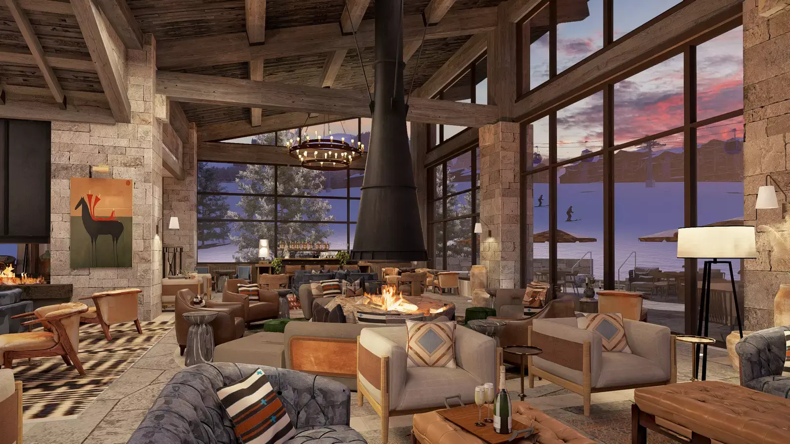 Stockman Residences Living Room interior featuring a central stone fireplace, panoramic windows with scenic views, and various seating arrangements.