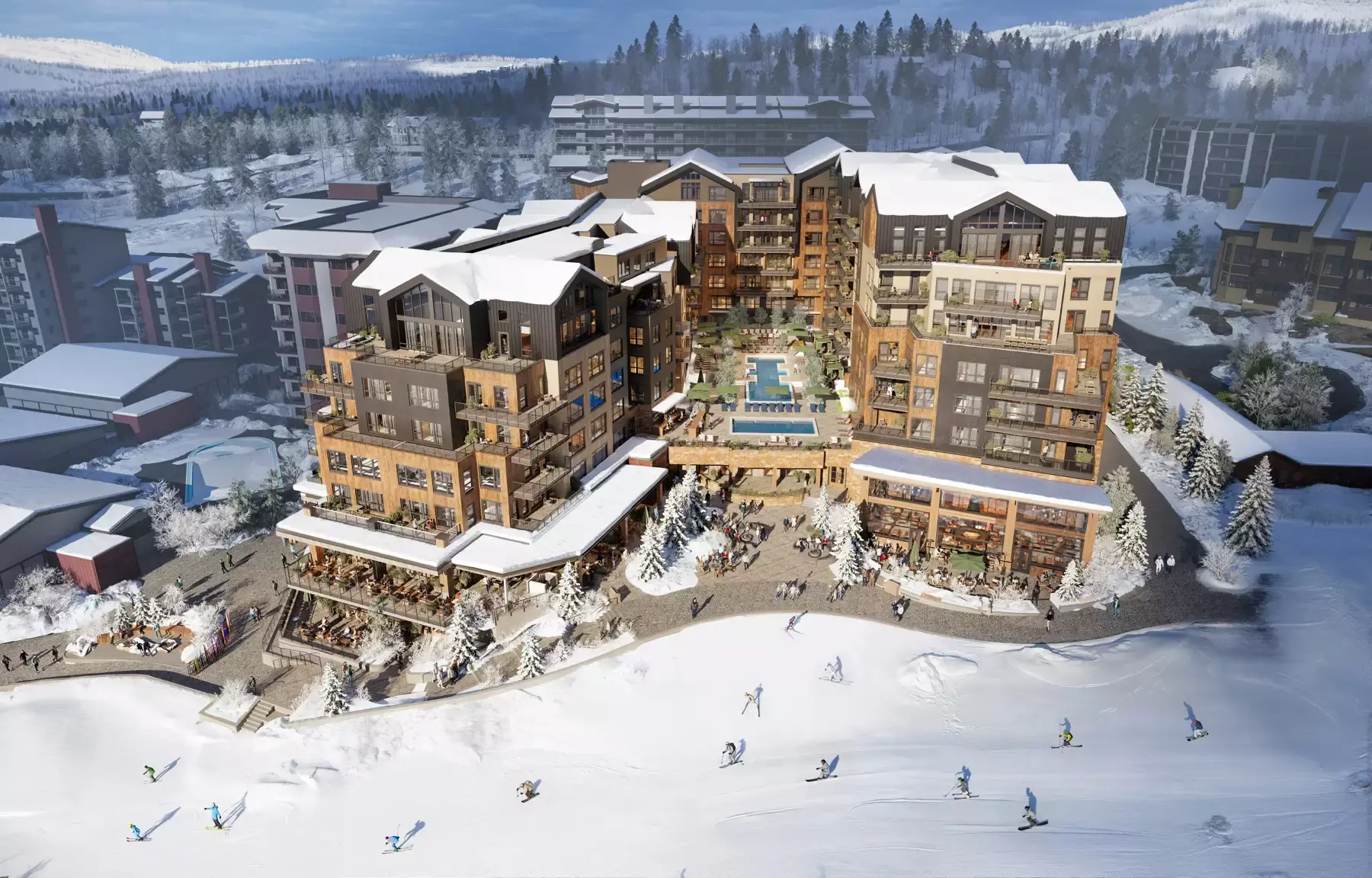 Stockman Residences Exterior Building view, pool side, on top of the snow-covered mountain