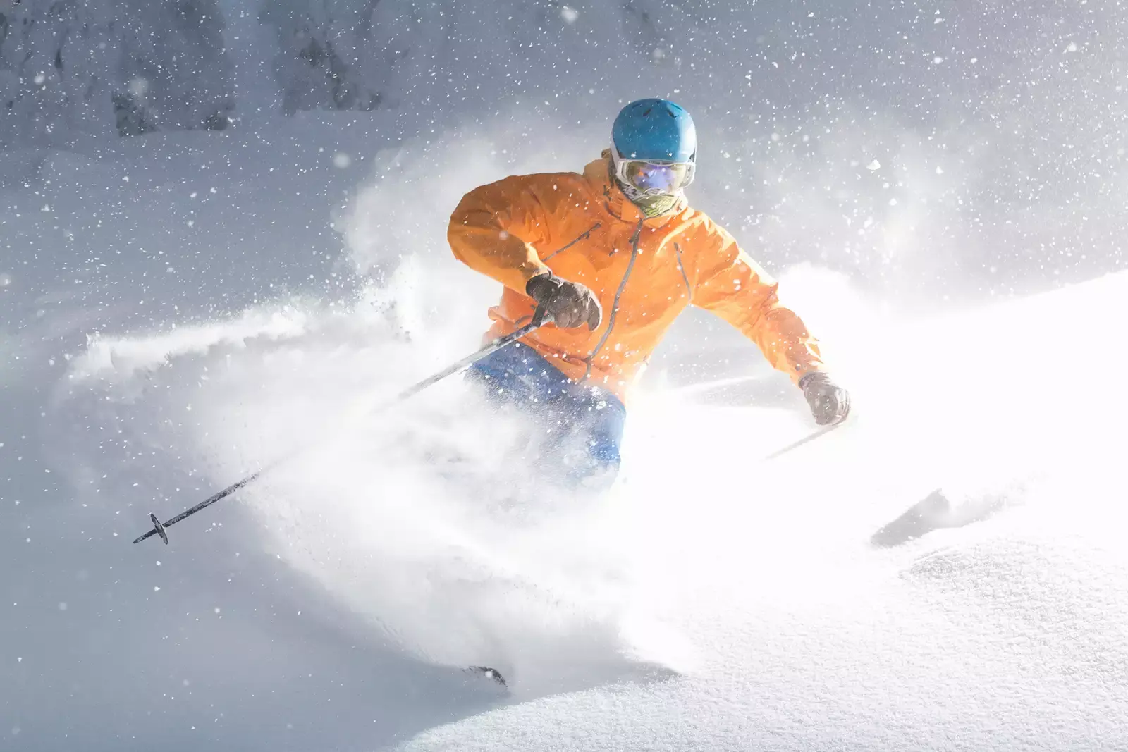 Skier close-up going down a snow-covered hill in Steamboat Springs