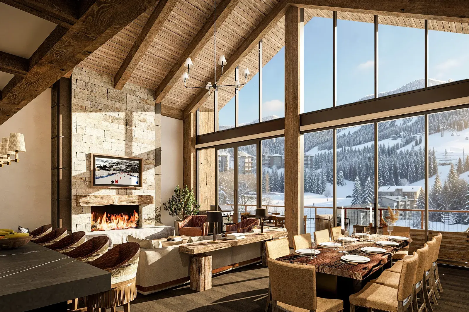 Stockman Interior view of the Barn Great Room Living Room area with a nine seats dinning table, living room sofa and fireplace, next to a tall bar with chairs and scenic window in the background